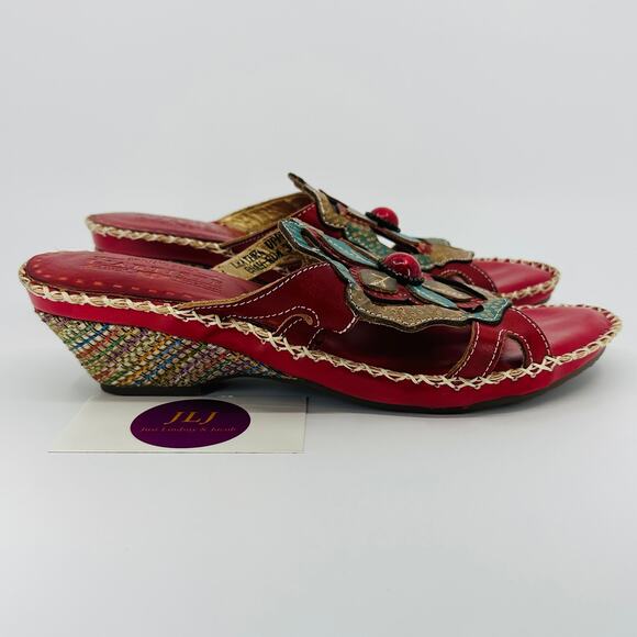 L'Artiste Spring Step Women's Enah Red Leather Floral Sandals Size 39 EU/ 8.5 US - Picture 1 of 13